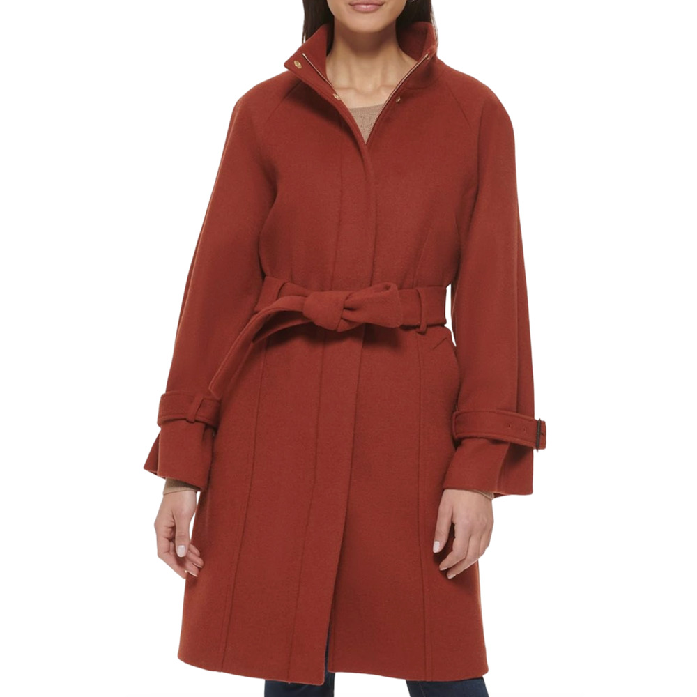 NEW COLE HAAN RUST BELTED RAGLAN MELTON WOOL COAT SIZE 10